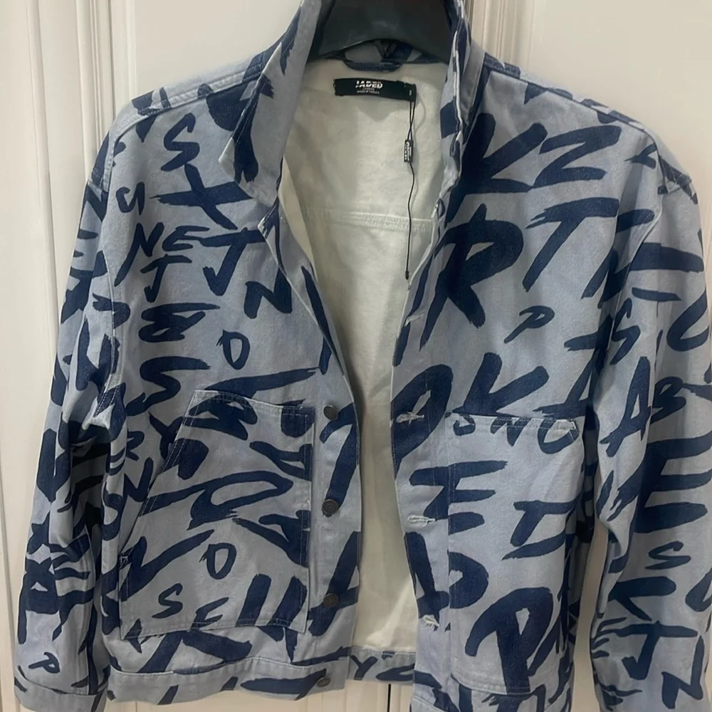 Jaded London Graffiti Blue denim jacket oversized size Small urban streetwear